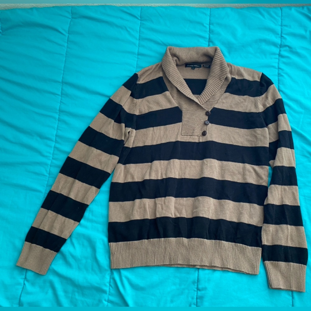 Tan and Black Striped Sweater with Buttons